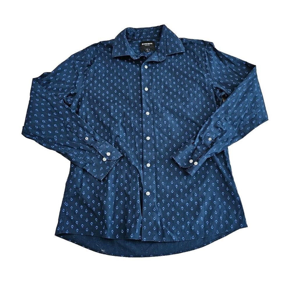 Bonobos Mens Size Large Blue Floral Button Up Shirt Tailored Fit Wrinkle Free